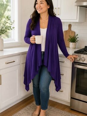 Azules Purple Draped Open Front Cardigan XL Lightweight Long Sleeve Layering